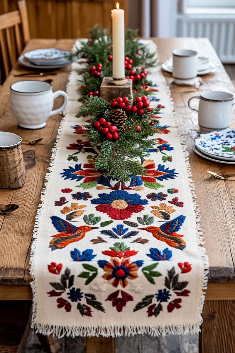 folk art-inspired christmas table runner in red, blue, and cream 1
