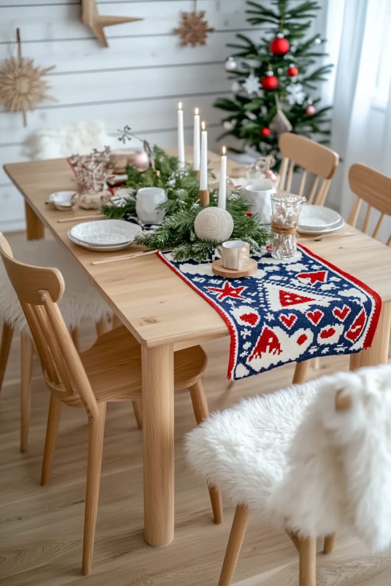 folk art-inspired christmas table runner in red, blue, and cream 1