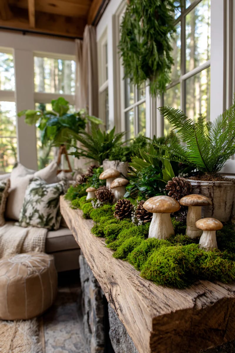 25 Green Christmas Fireplace Decor Ideas for a Fresh and Festive Mantel 43 forest-inspired scene with moss, faux mushrooms, and pine clippings 1