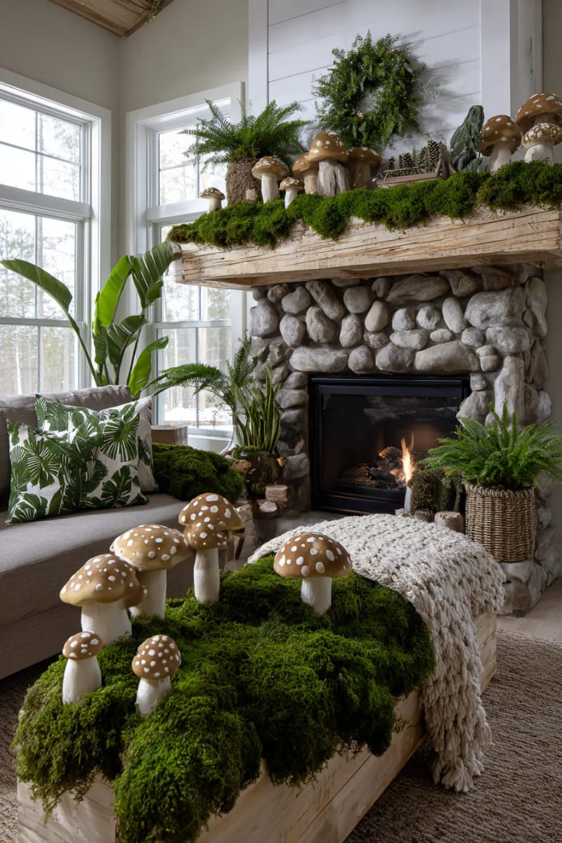25 Green Christmas Fireplace Decor Ideas for a Fresh and Festive Mantel 44 forest-inspired scene with moss, faux mushrooms, and pine clippings 1
