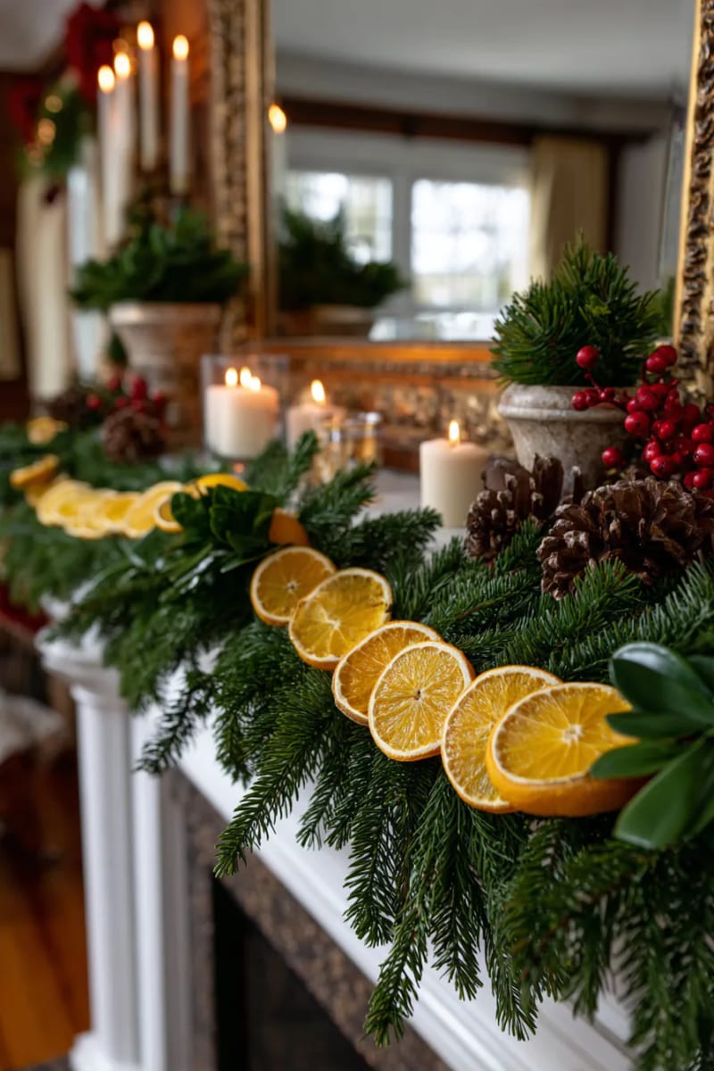 25 Tasteful Christmas Decor Ideas for a Cozy Holiday Home 48 fresh greenery and dried orange slice garland around a mirror 1