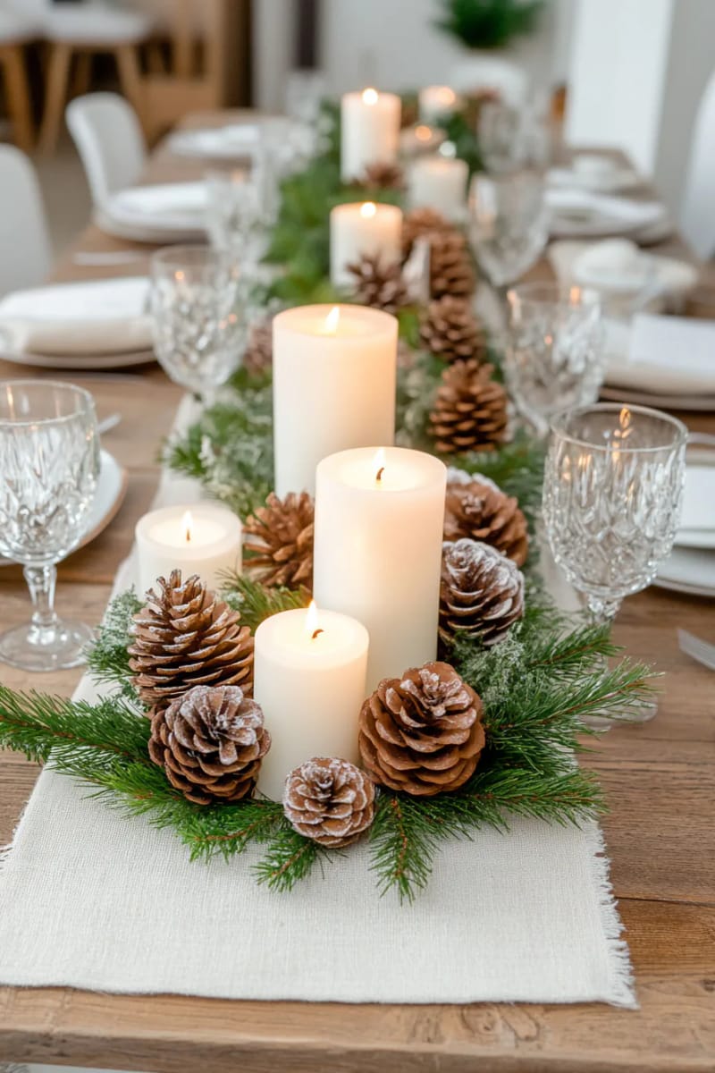 23 Elegant Christmas Decor Ideas You’ve Never Seen Before 18 frosted pinecone centerpiece with pillar candles and elegant crystal glassware 1