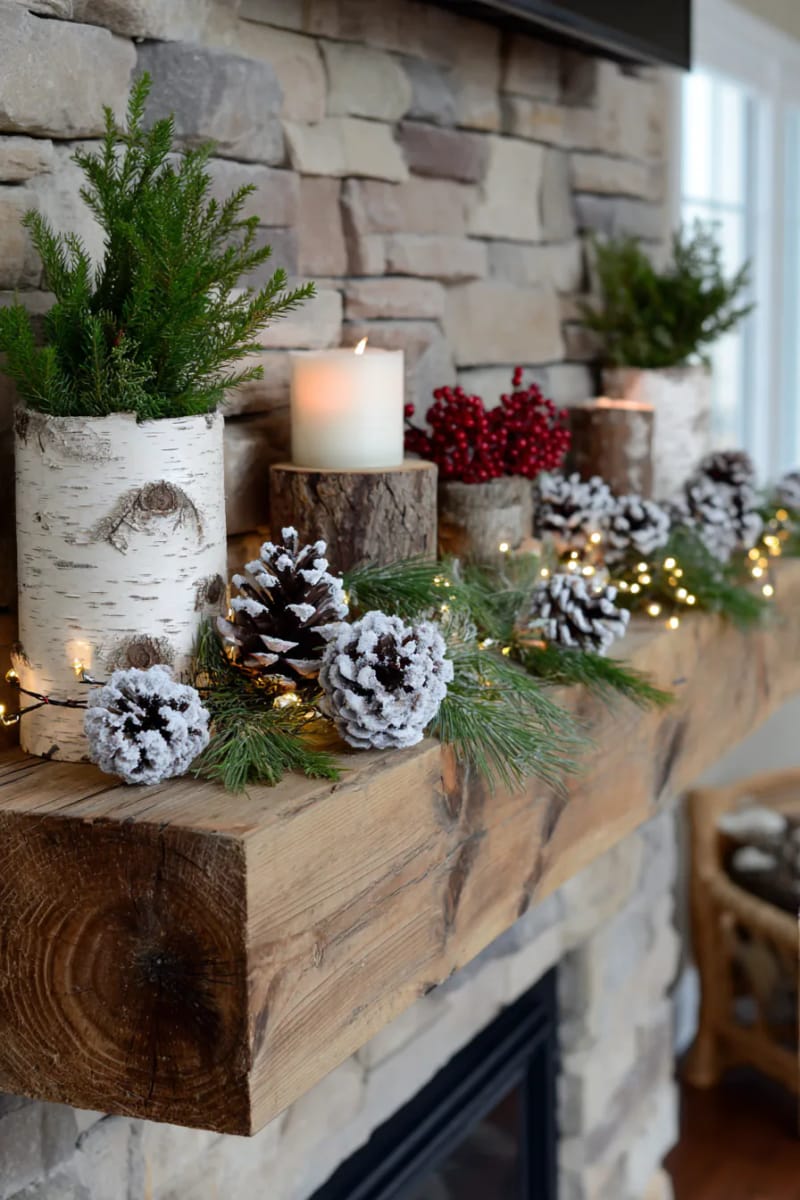 frosted pinecone garland with twinkle lights for a rustic winter mantle 1