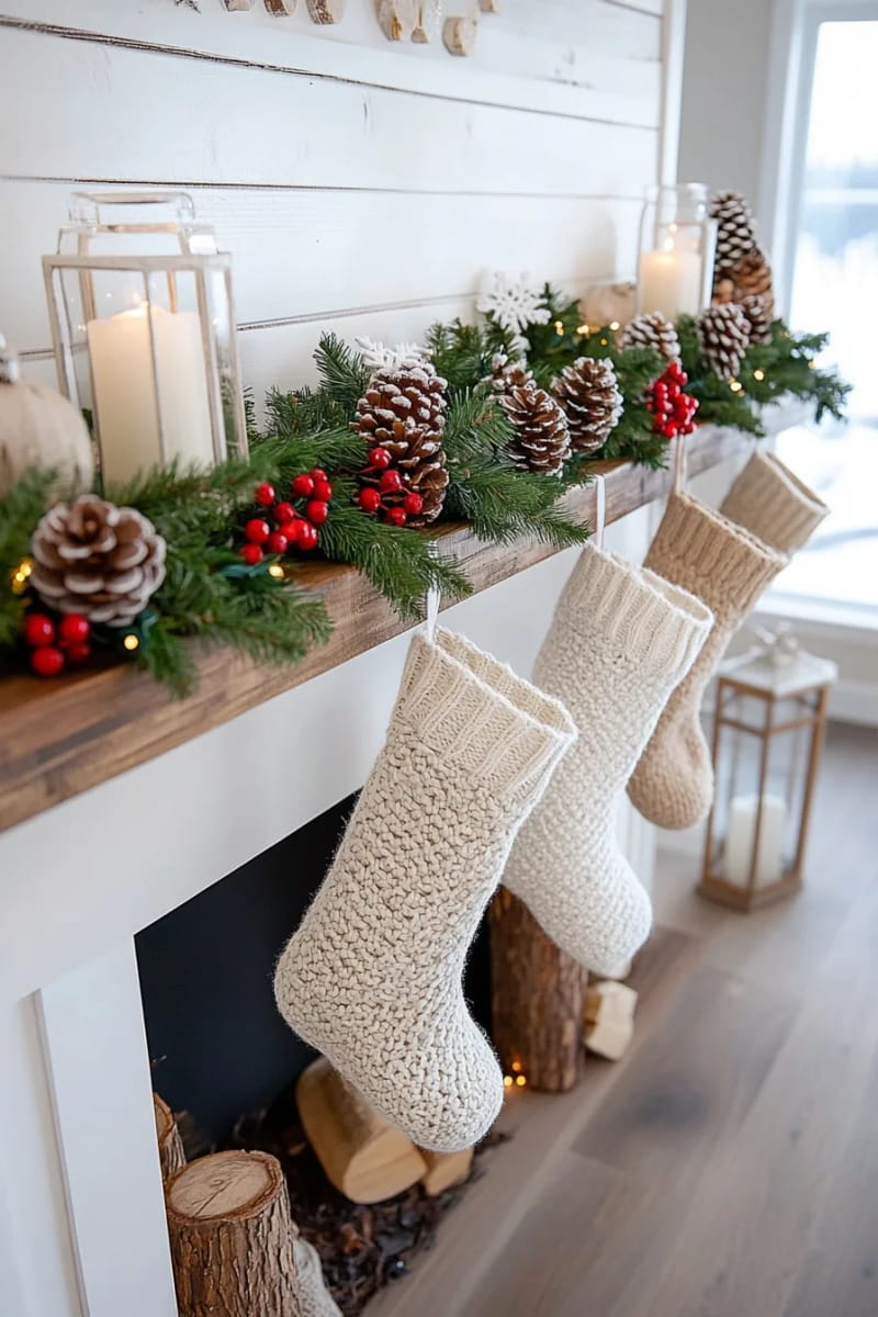 frosted pinecone garland with twinkle lights for a rustic winter mantle 1