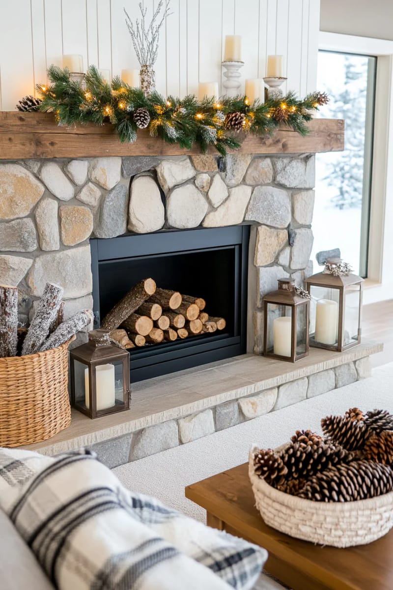 frosted pinecone garland with twinkle lights for a rustic winter mantle 1