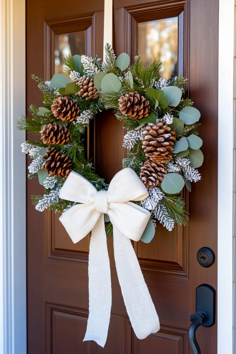 frosted pinecone wreath with linen bow for the front door 1