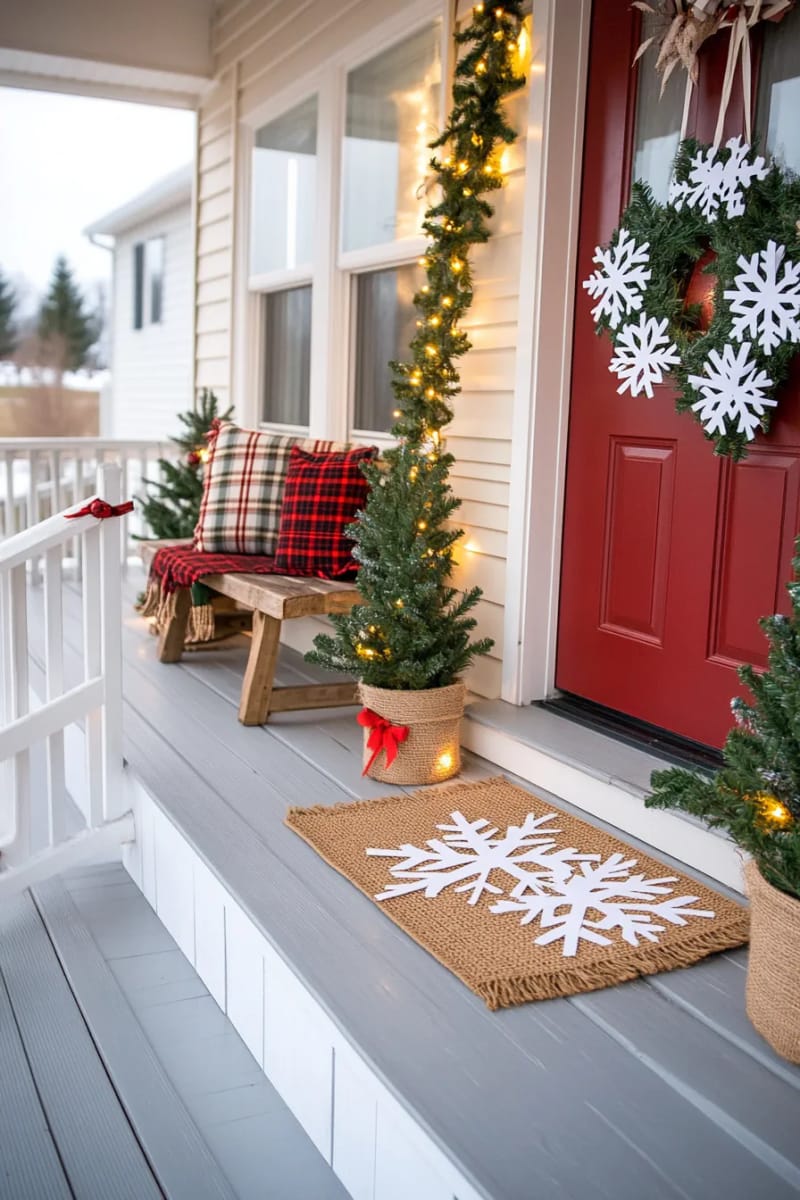 garland made from cut-out snowflakes and twine for railing 1