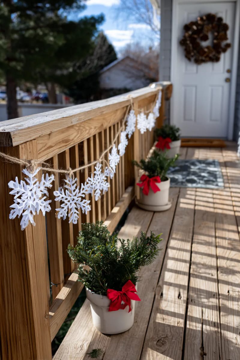garland made from cut-out snowflakes and twine for railing 1