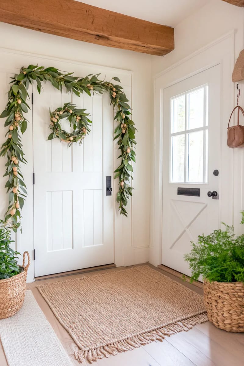 garland of bay leaves and wooden beads draped over entryways 1