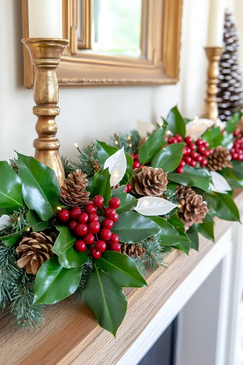 garland of magnolia leaves and berries mixed with fairy lights 1