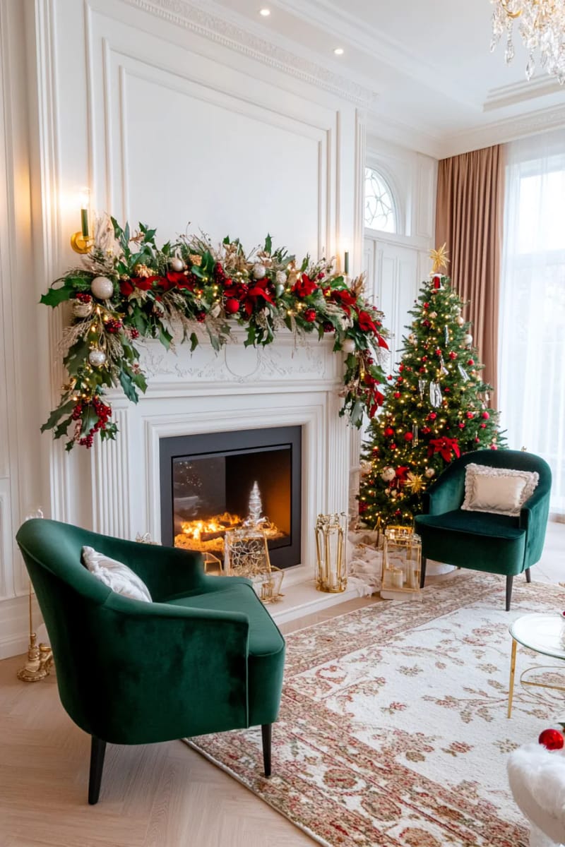 garland of magnolia leaves and berries mixed with fairy lights 1