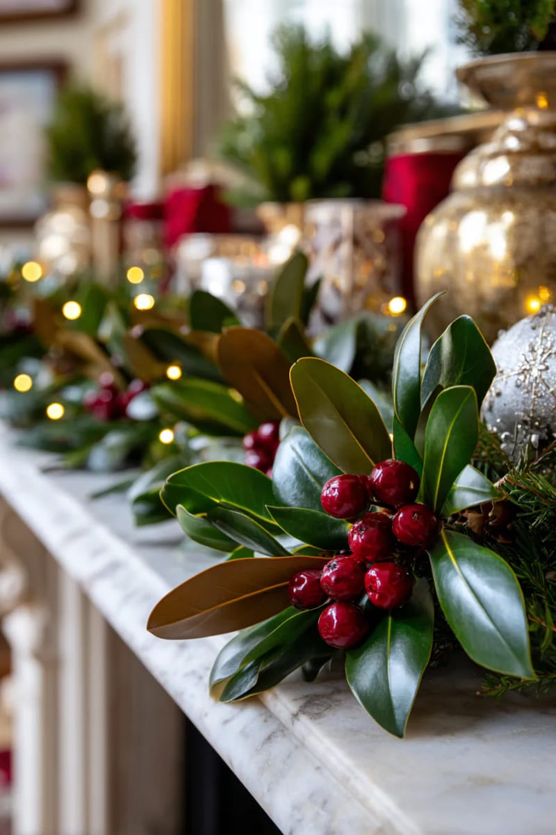 garland of magnolia leaves and berries mixed with fairy lights 1