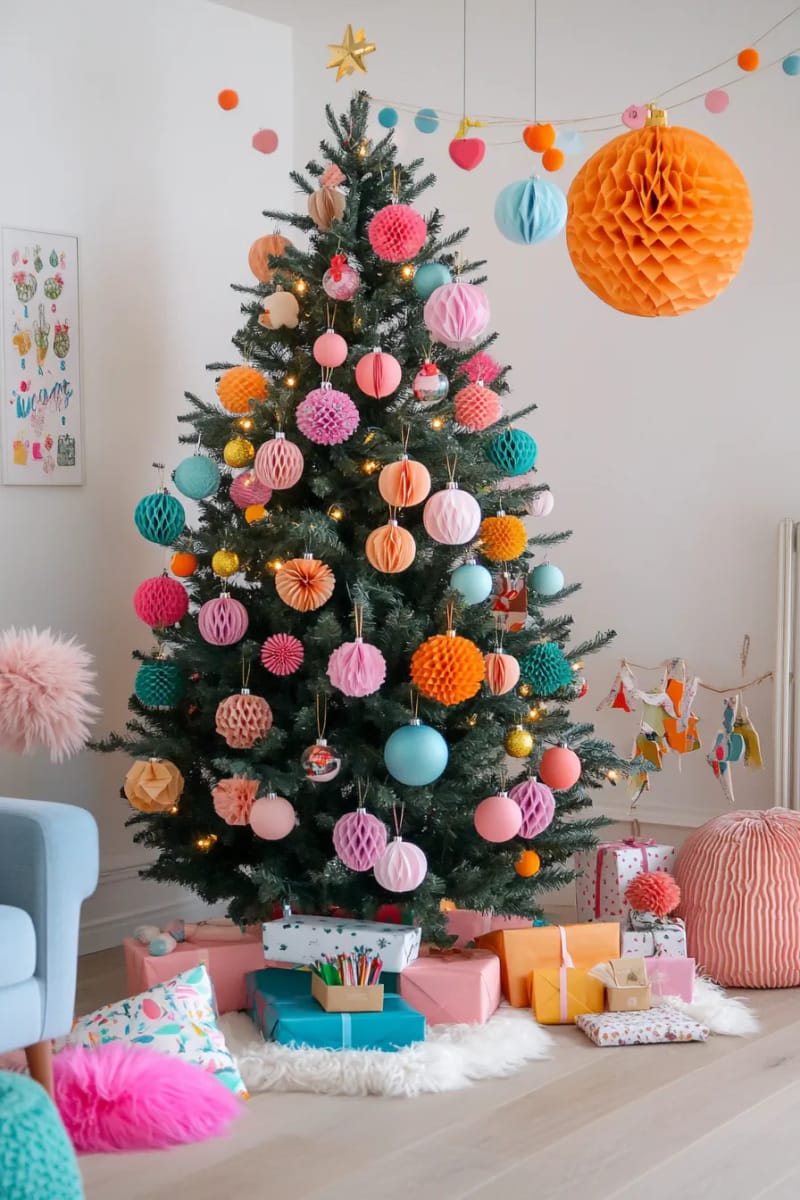 geometric paper bauble ornaments with bright modern color pops 1