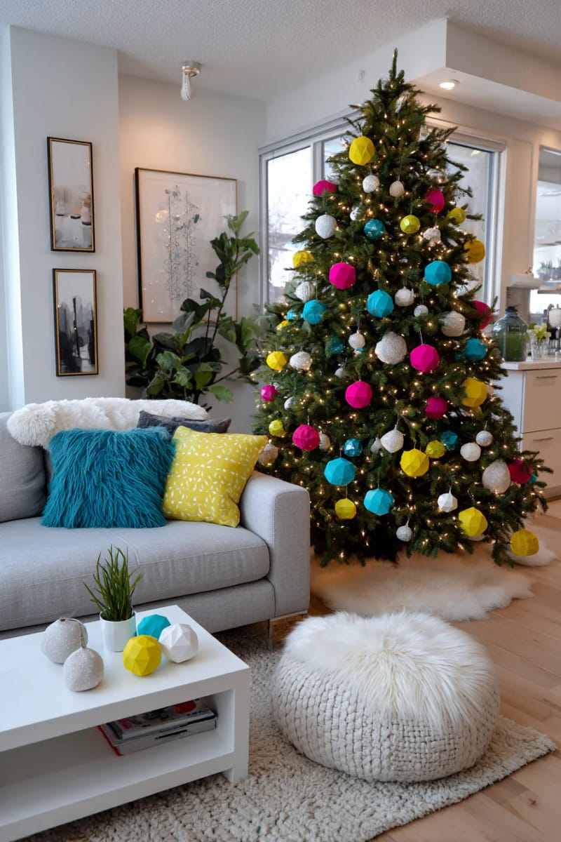 geometric paper bauble ornaments with bright modern color pops 1