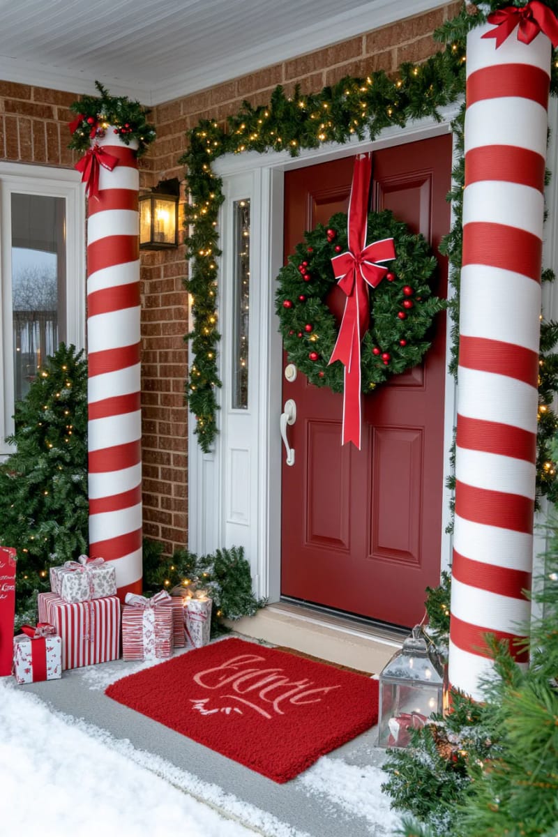 giant candy cane columns made from pool noodles and red tape 1