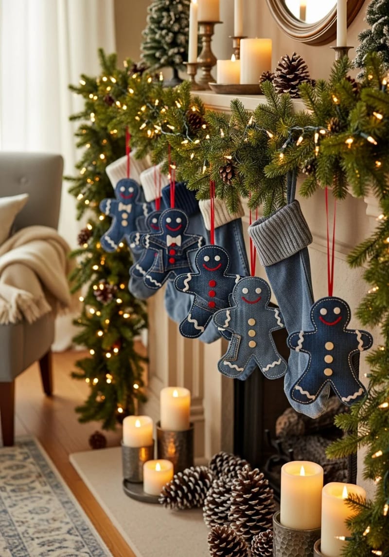 gingerbread men cut from jeans, stitched with red thread and white felt 1