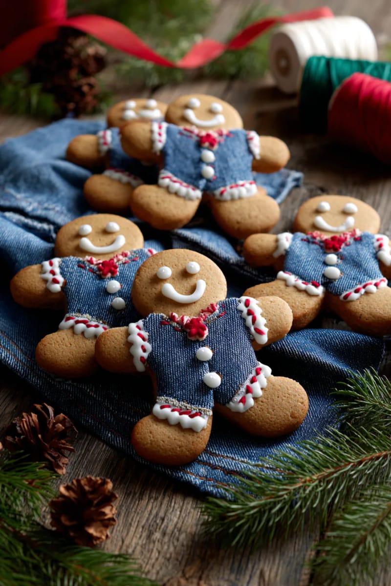 gingerbread men cut from jeans, stitched with red thread and white felt 1