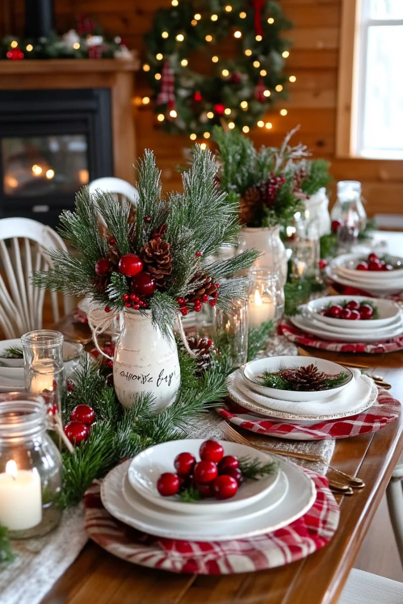 glass bottle vases holding sprigs of cedar and cranberries 1