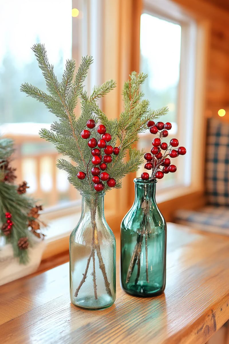 glass bottle vases holding sprigs of cedar and cranberries 1