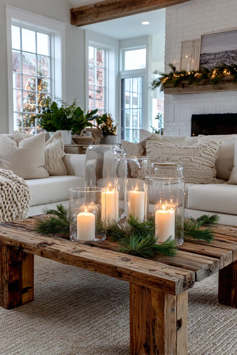 31 Elegant Minimalist Christmas Decor Ideas to Inspire 40 glass hurricane vases with white candles and scattered pine sprigs 1