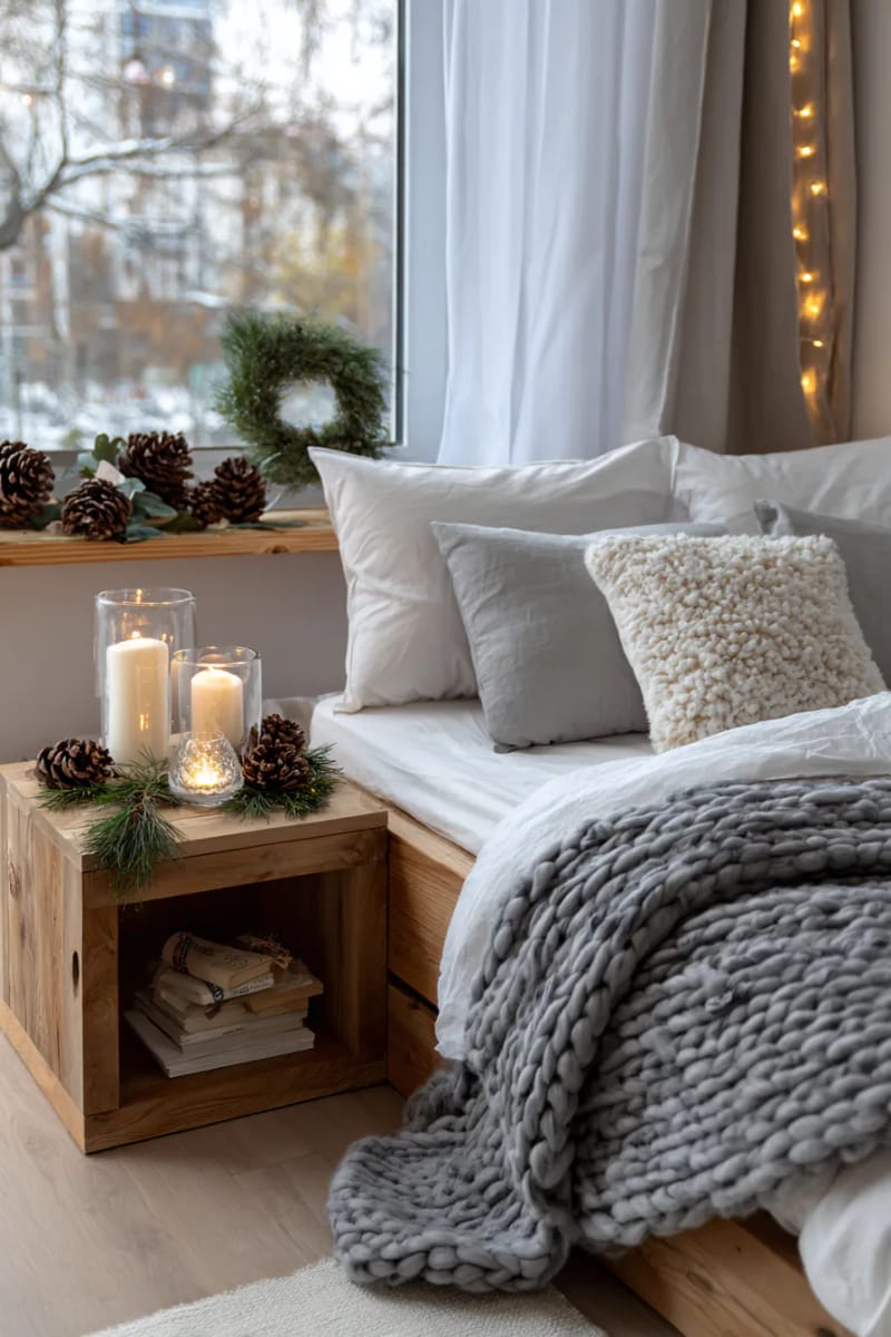 31 Elegant Minimalist Christmas Decor Ideas to Inspire 41 glass hurricane vases with white candles and scattered pine sprigs 1