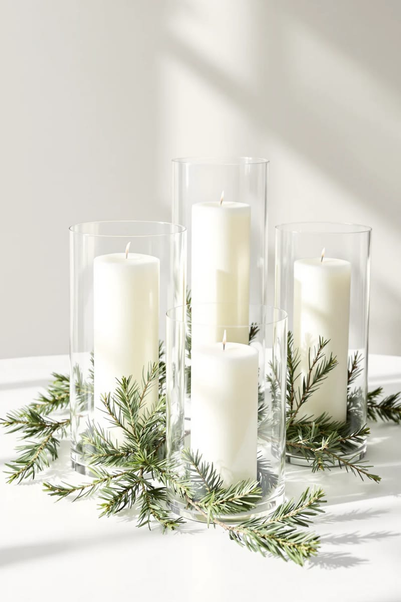 31 Elegant Minimalist Christmas Decor Ideas to Inspire 42 glass hurricane vases with white candles and scattered pine sprigs 1