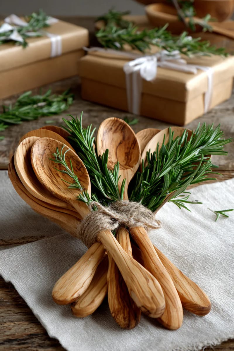 hand-carved wooden spoons bundled with sprigs of rosemary 1