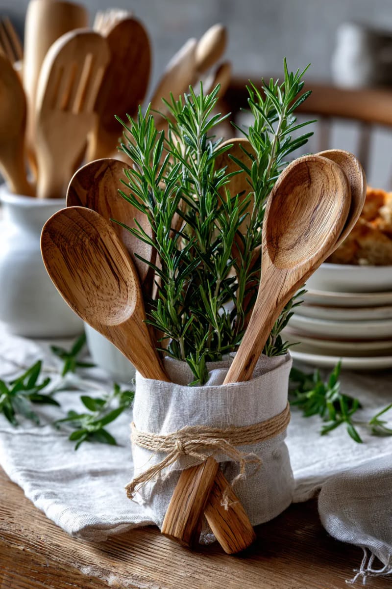 hand-carved wooden spoons bundled with sprigs of rosemary 1
