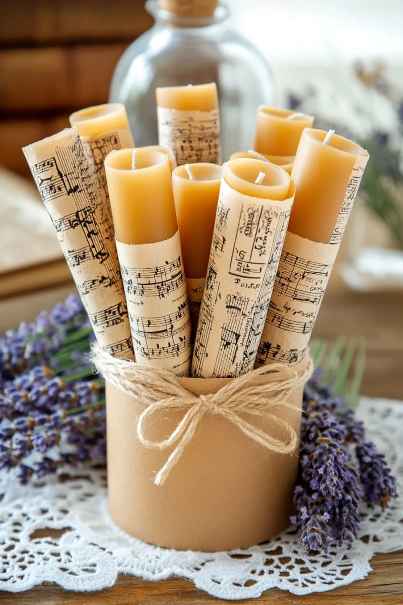 hand-dipped beeswax taper candles wrapped in vintage sheet music 1