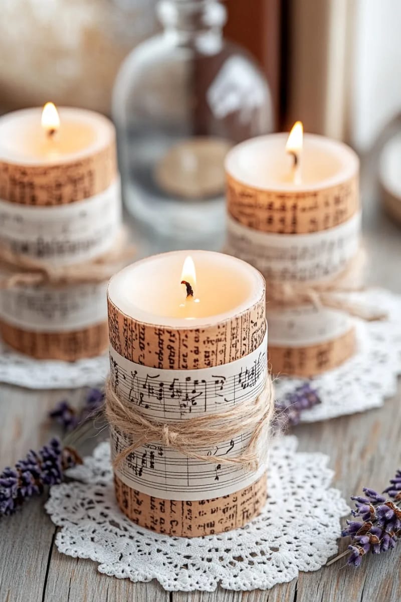hand-dipped beeswax taper candles wrapped in vintage sheet music 1