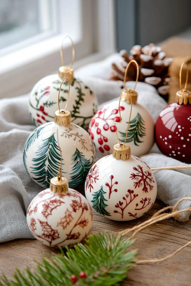 hand-painted baubles with scandinavian motifs: snowflakes, fir trees, berries 1