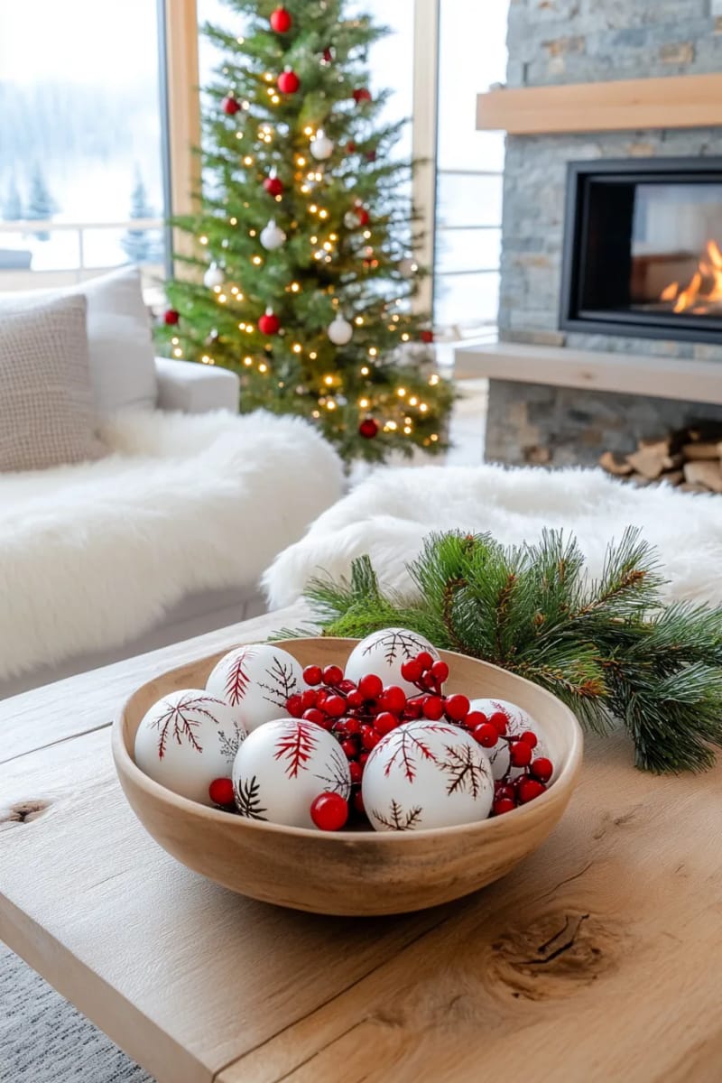 hand-painted baubles with scandinavian motifs: snowflakes, fir trees, berries 1