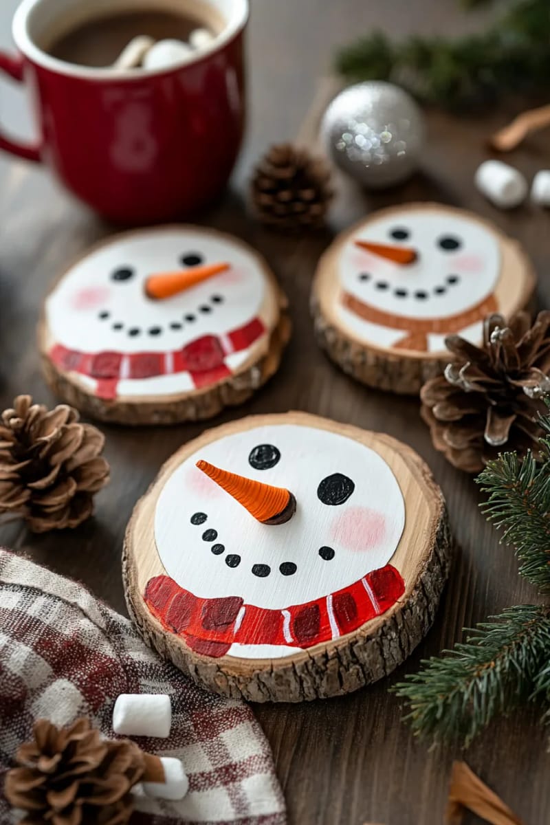 hand-painted wood slice snowman faces with tiny red scarves 1