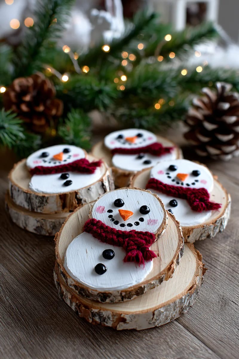 hand-painted wood slice snowman faces with tiny red scarves 1