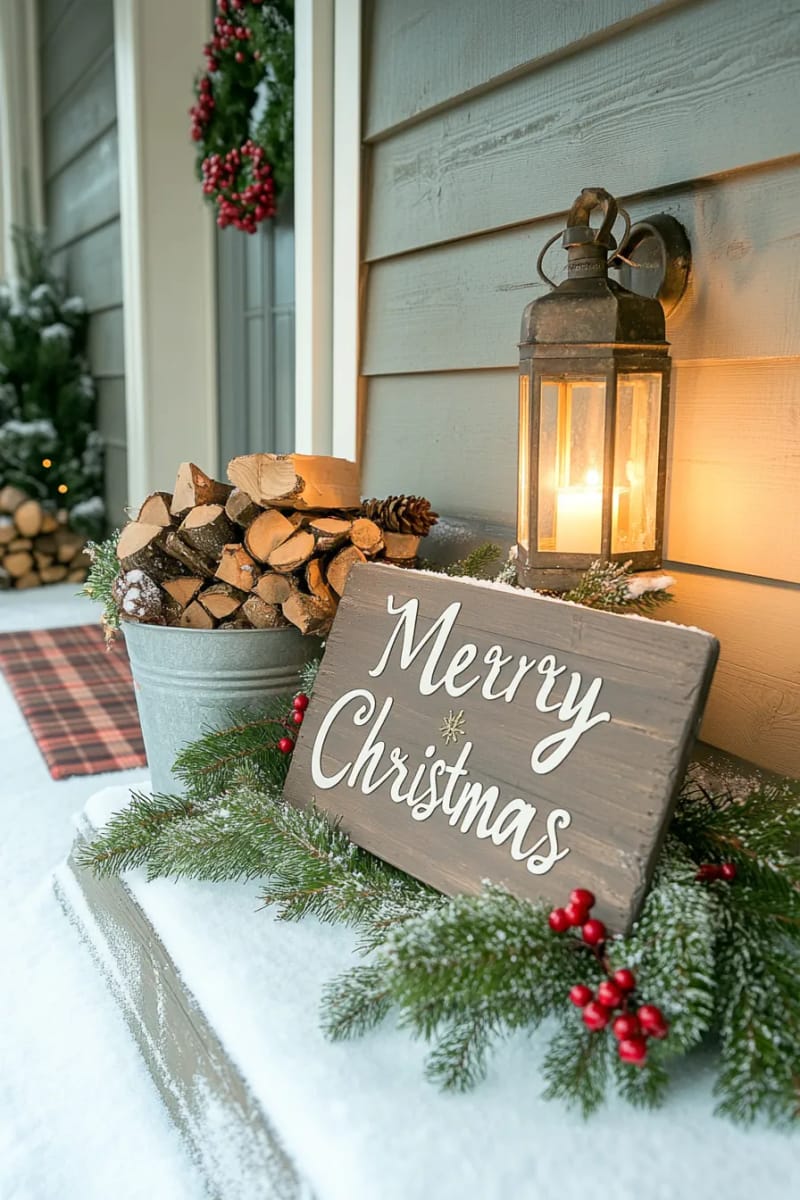 15 Cozy Rustic Christmas Porch Ideas for Country Charm 13 hand-painted wooden “merry christmas” sign with berry garland and pine accents 1