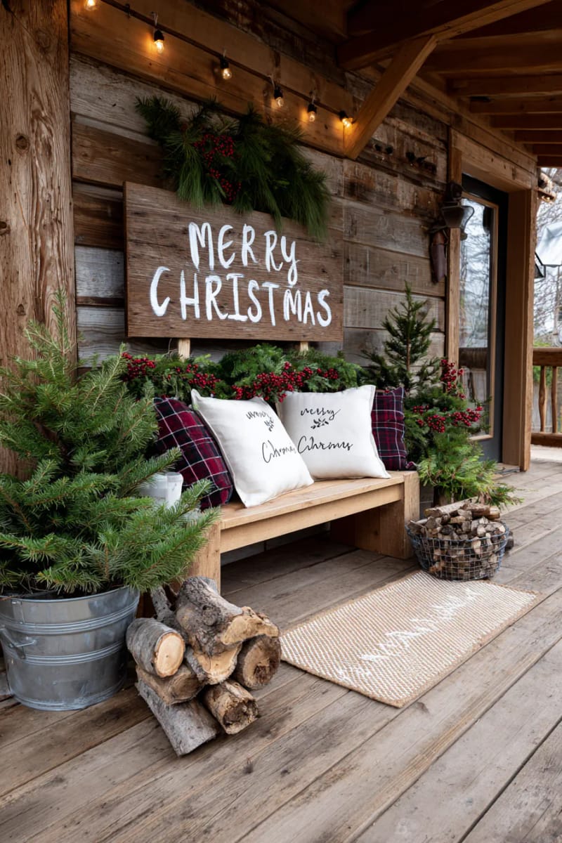 15 Cozy Rustic Christmas Porch Ideas for Country Charm 14 hand-painted wooden “merry christmas” sign with berry garland and pine accents 1