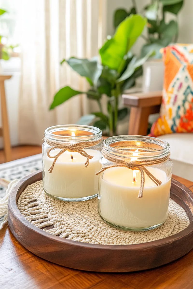 hand-poured soy candles in reusable glass jars with natural twine 1