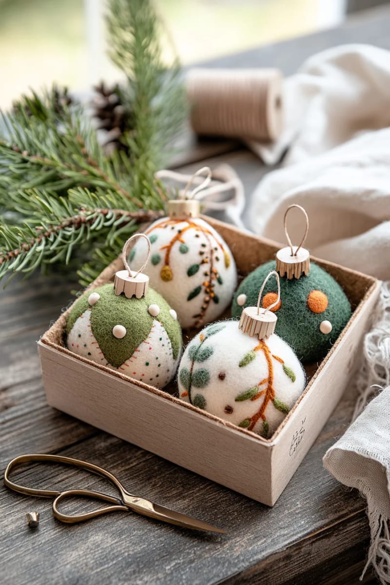 hand-stitched felt ornaments using natural wool and wooden beads 1