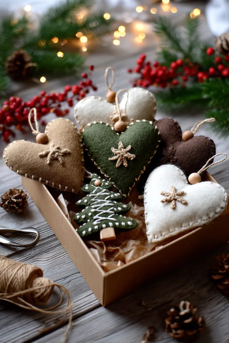 hand-stitched felt ornaments using natural wool and wooden beads 1