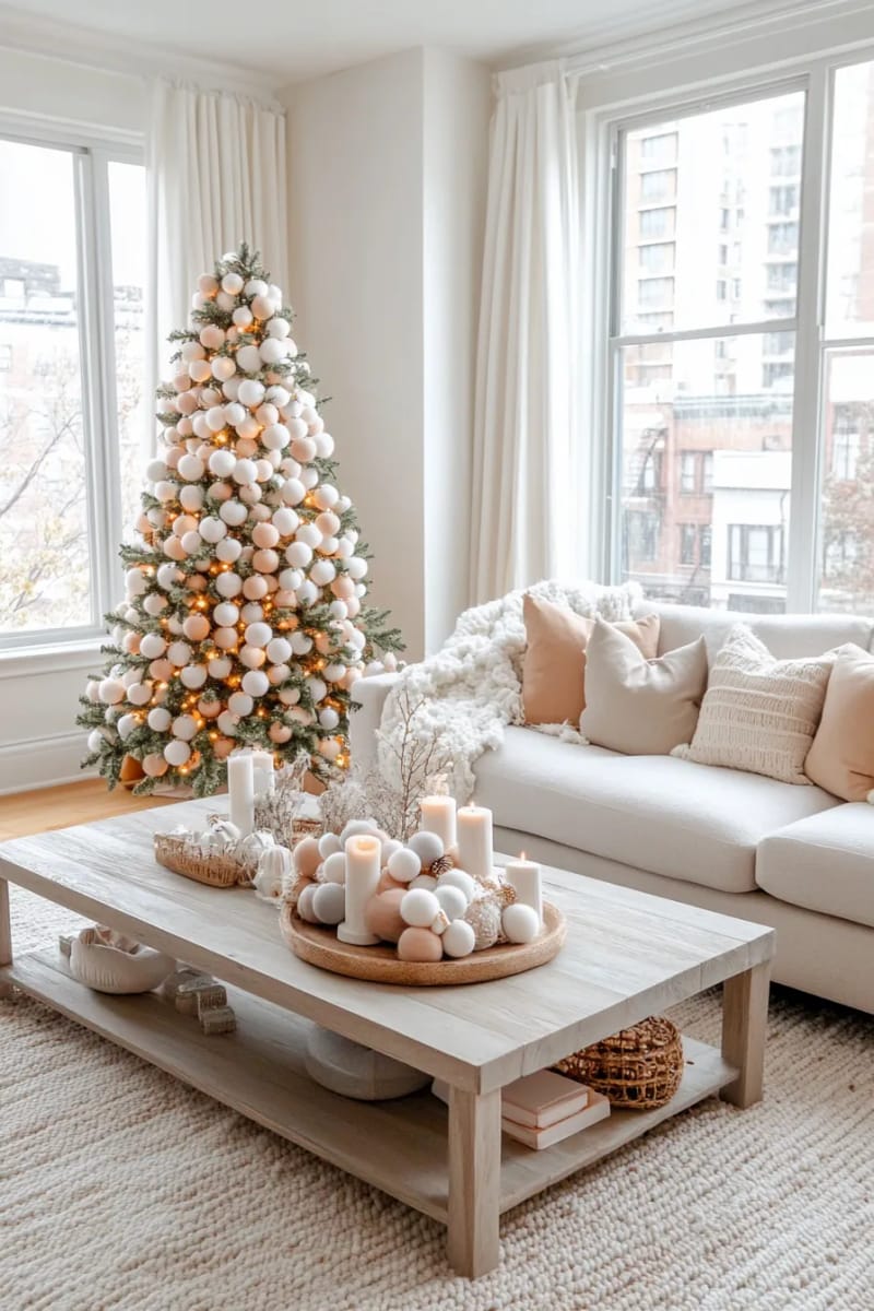 handcrafted wool felt ball christmas tree in cream, taupe, and blush 1