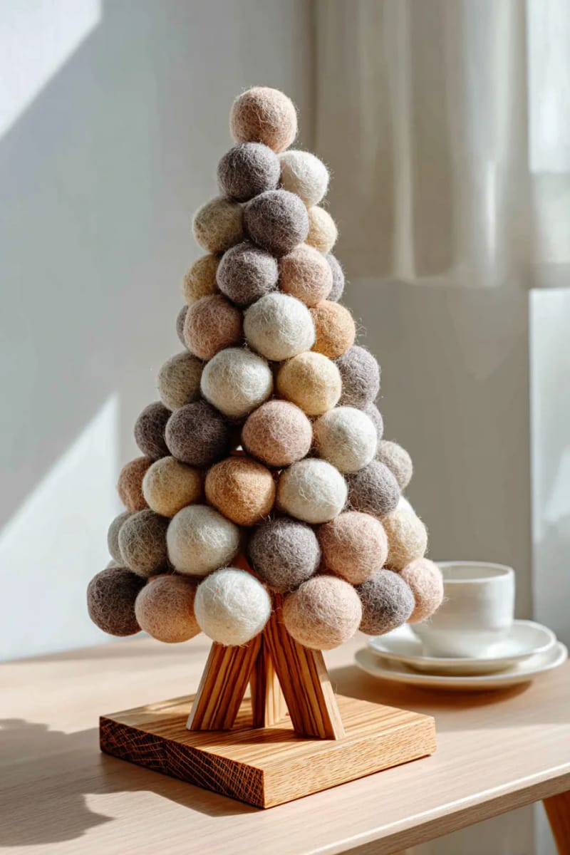 handcrafted wool felt ball christmas tree in cream, taupe, and blush 1