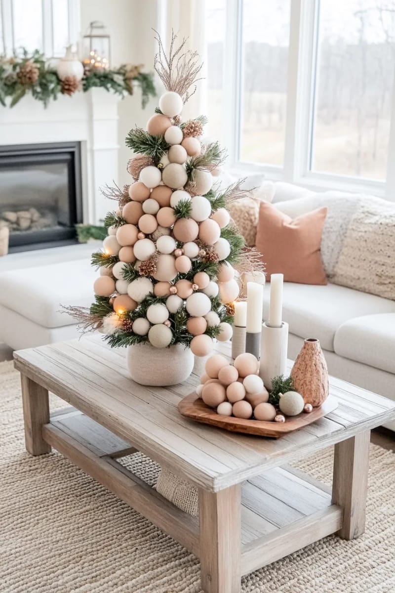 handcrafted wool felt ball christmas tree in cream, taupe, and blush 1