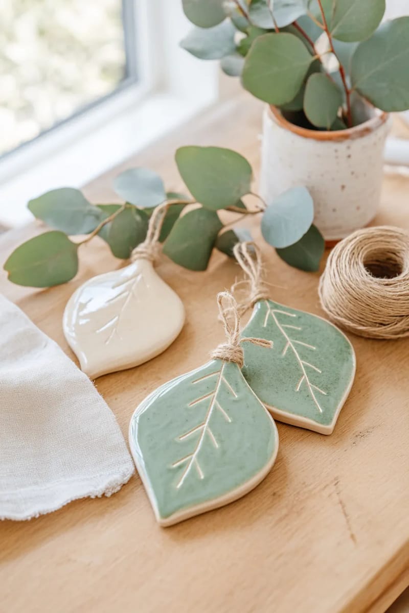 handmade clay ornaments glazed in soft sage and sand tones 1