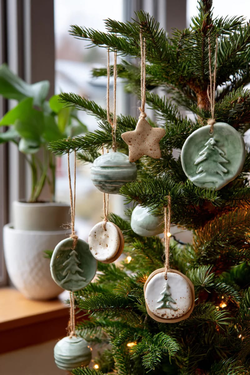 handmade clay ornaments glazed in soft sage and sand tones 1