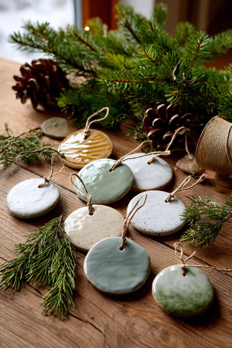 handmade clay ornaments glazed in soft sage and sand tones 1