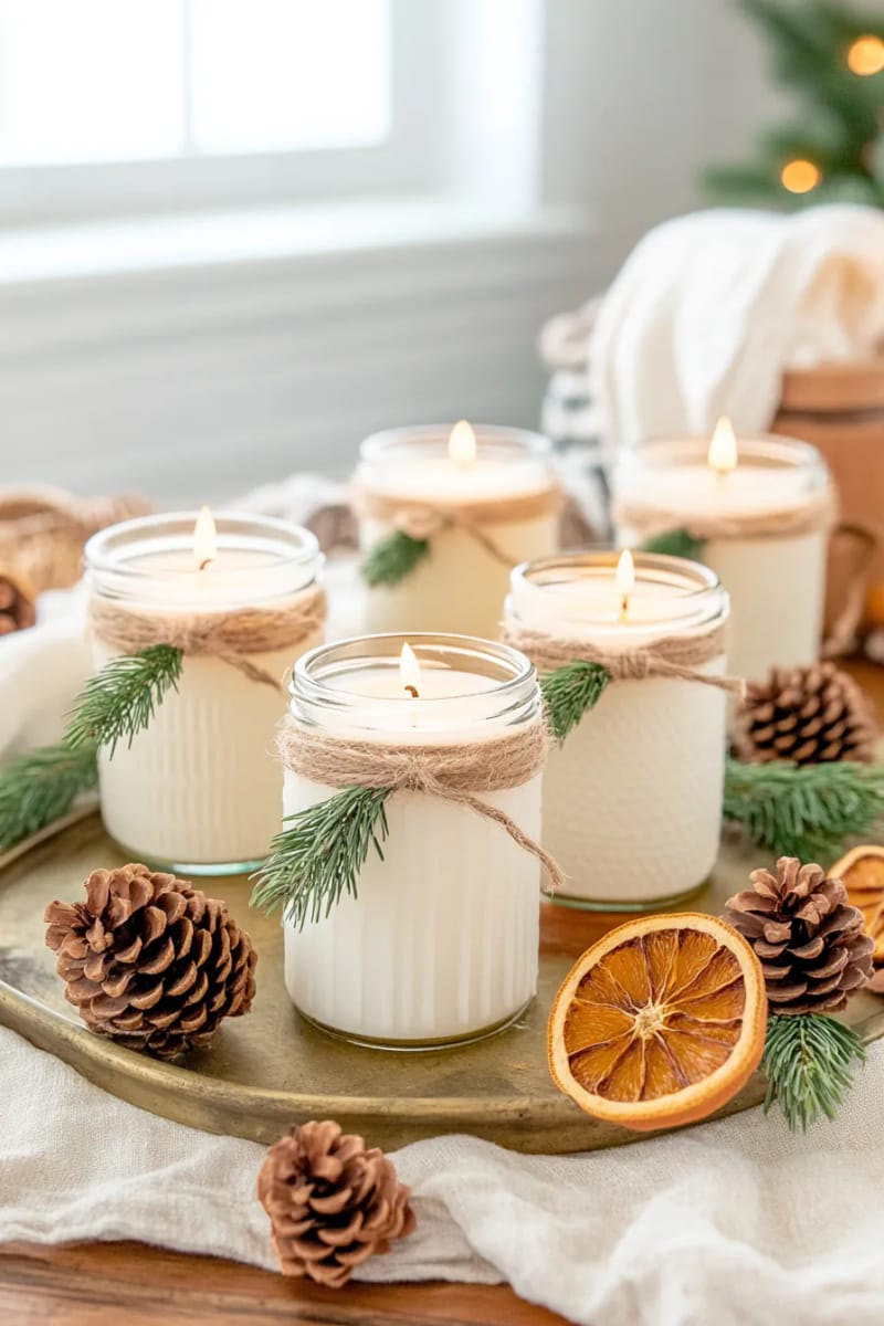 29 Eco-Friendly Christmas Gift Ideas DIY for a Thoughtful Holiday 11 handmade soy candles in repurposed glass jars with pine sprig accents 1