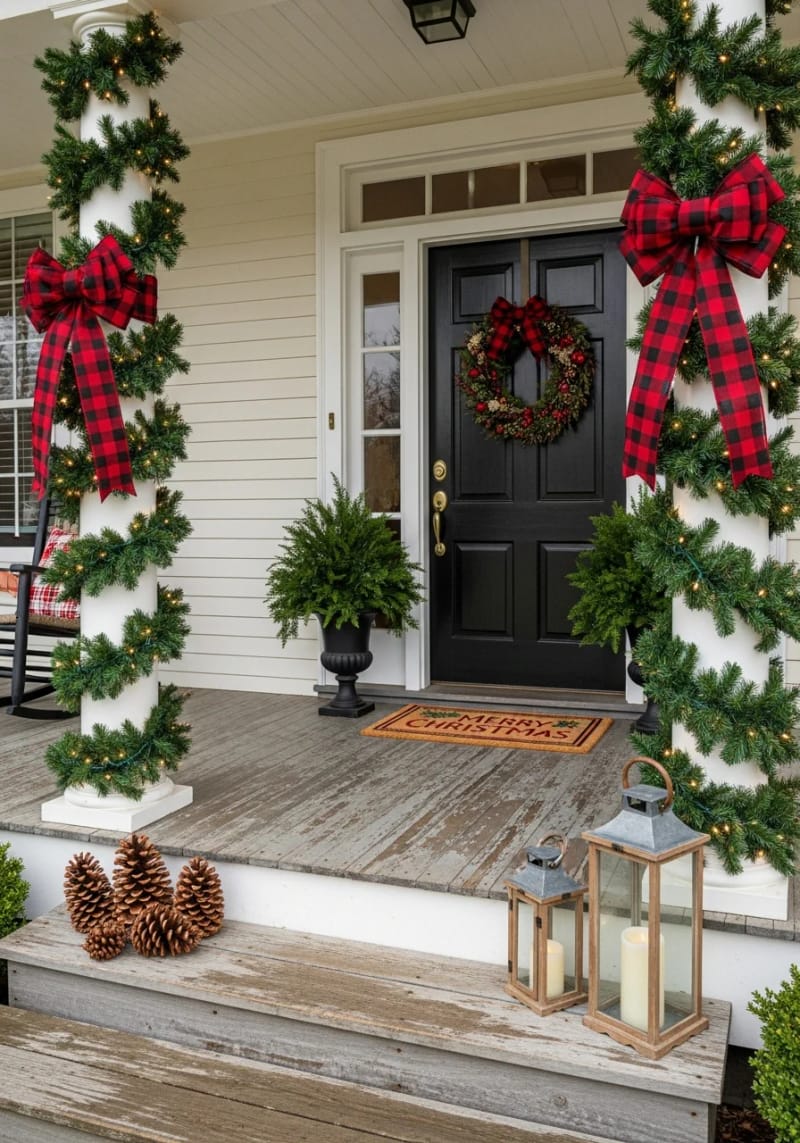 15 Christmas Decor Ideas for a Front Porch DIY That’s Simple but Stunning 5 hang a buffalo plaid ribbon bow on garland-wrapped porch columns for a country look. 1