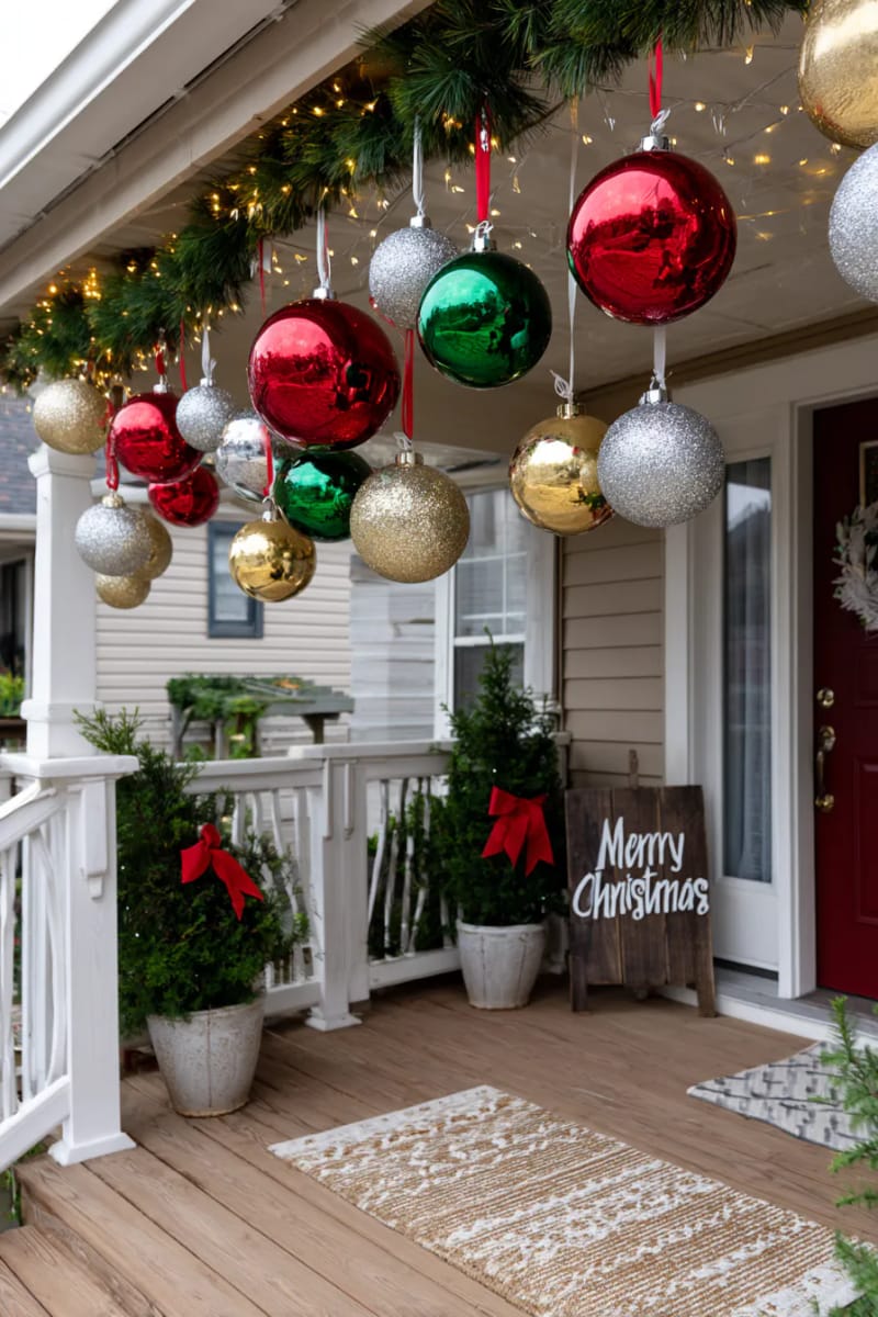15 Christmas Decor Ideas for a Front Porch DIY That’s Simple but Stunning 25 hang clusters of oversized ornaments from porch ceiling for whimsical color pop. 1