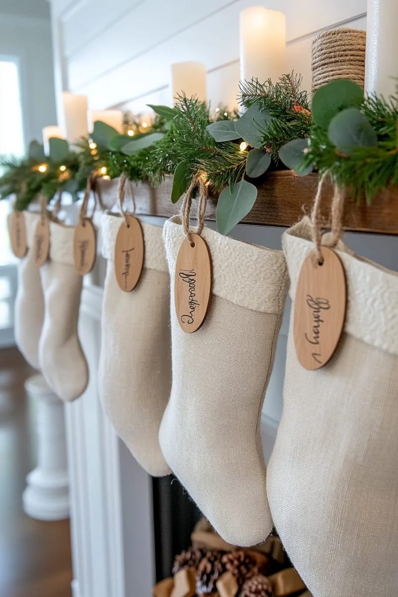 hang linen stockings accented with wooden name tags 1