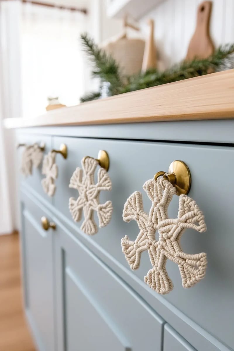 hang macramé snowflakes from cabinet knobs and doorknobs 1